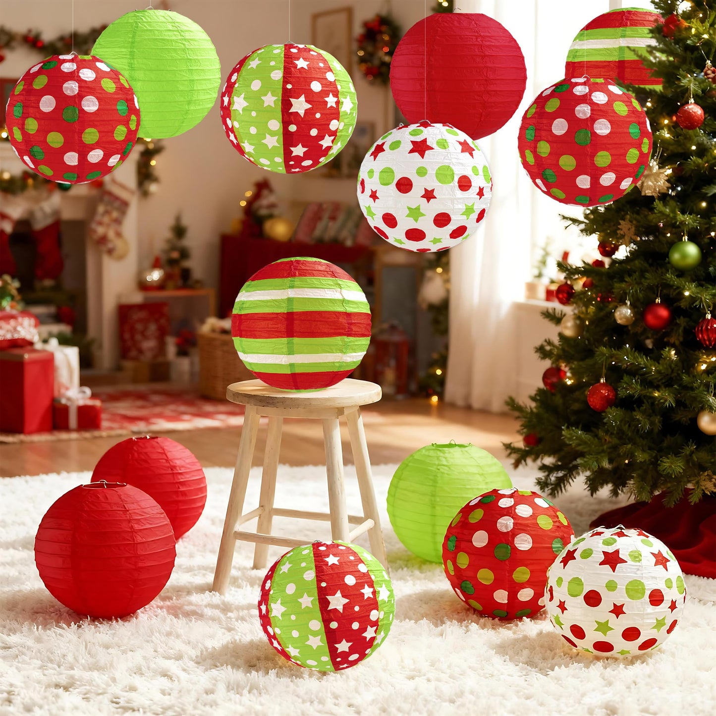 12 Pcs Red Green Christmas Hanging Paper Lanterns 8 Inch Christmas Party Lanterns Indoor Outdoor Decorative for Xmas Holiday Party Baby Shower Birthday