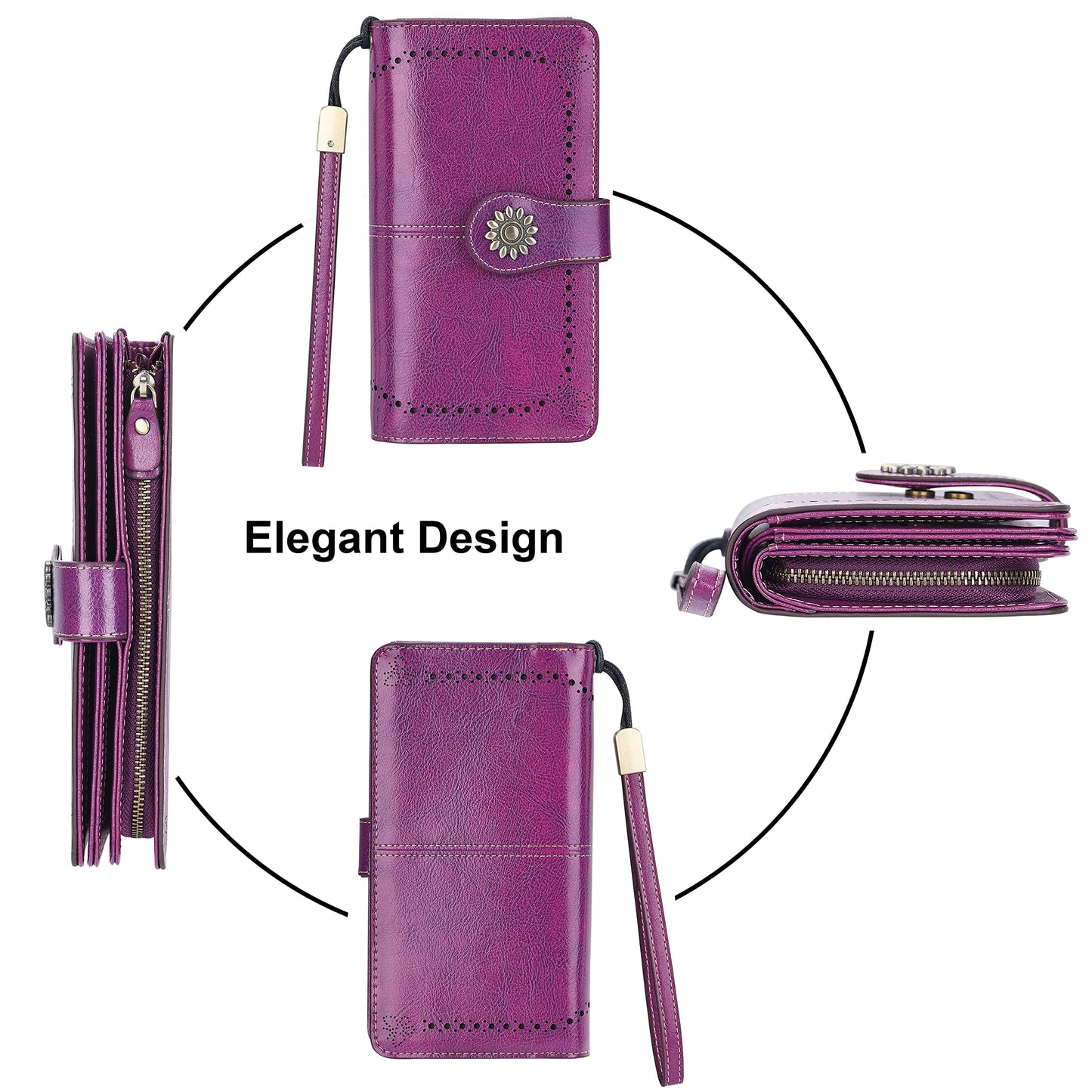 Lavemi Womens Large Capacity Genuine Leather RFID Blocking Wallets Wristlet Clutch Card Holder(Dark Purple)