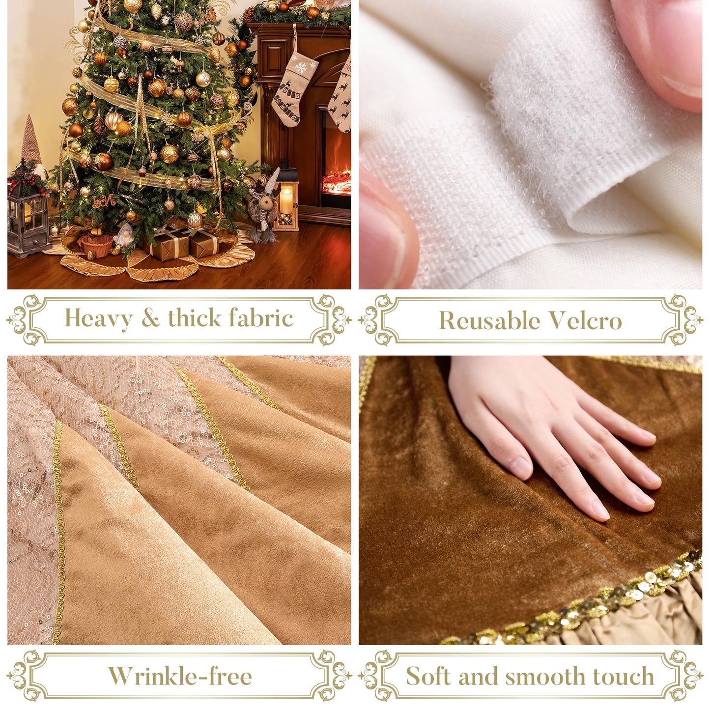 Valery Madelyn Christmas Tree Skirt for Tree Decorations, 60 inch Luxury Sparking Gold Large Xmas Velvet Tree Skirt with Starshaped Sequins Pattern & Ruffle Trim for Chritmas Decor