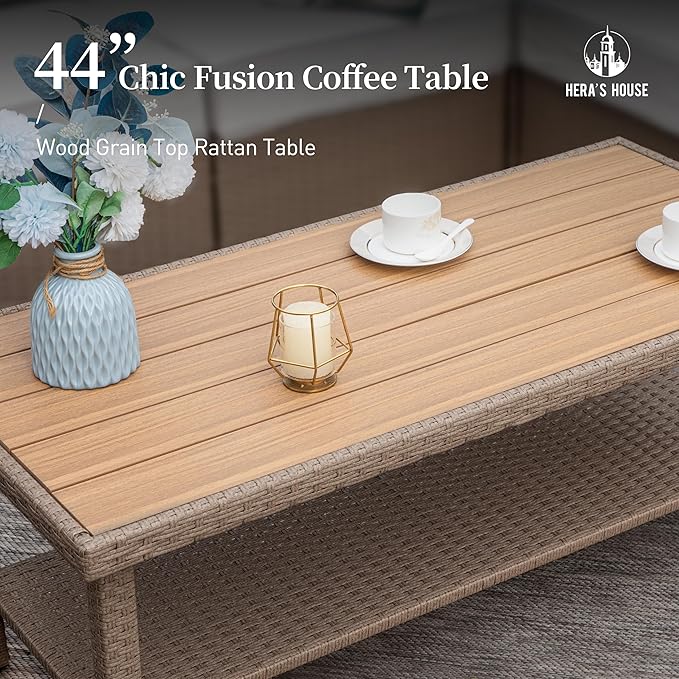 HERA'S HOUSE 6-Piece Patio Furniture Set, All Weather 7 Seats Outdoor Wicker Sofa with 44" Coffee Table, 5.5" Thick Waterproof Cushion Conversation Couch Set for Garden Deck Backyard, Grey