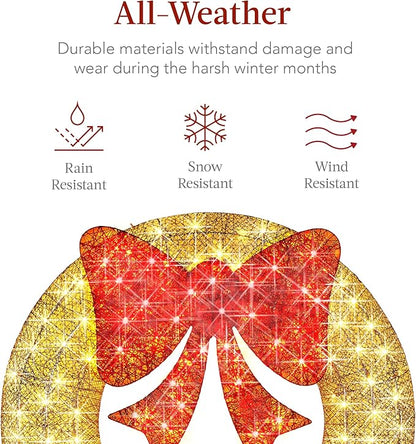 Best Choice Products 30in Pre-Lit Outdoor Christmas Wreath Decoration, LED Metal Holiday Decor for Home w/ 100 Lights, Bow - Gold/Red