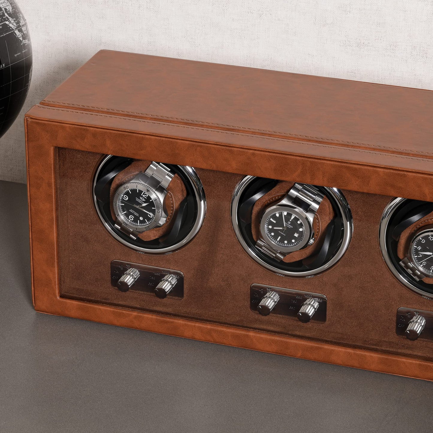 ROTHWELL Triple Watch Winder for Automatic Watches with Quiet Motor with Multiple Speeds and Rotation Settings (Tan/Brown)