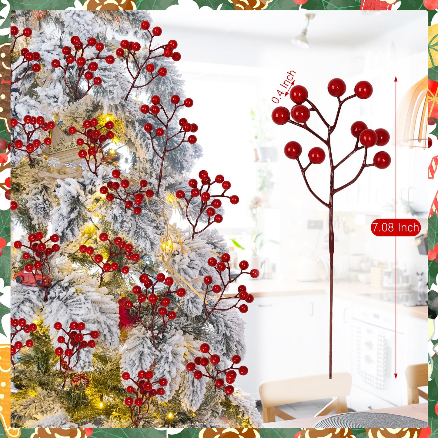 Vipay 24 PCS Christmas Tree Decorations, 7.08 in Red Berry Stem, Artificial Berry Picks Floral Pick for Wreath, Burgundy Holly Berries Branches Christmas Decor for Flowers DIY Garland