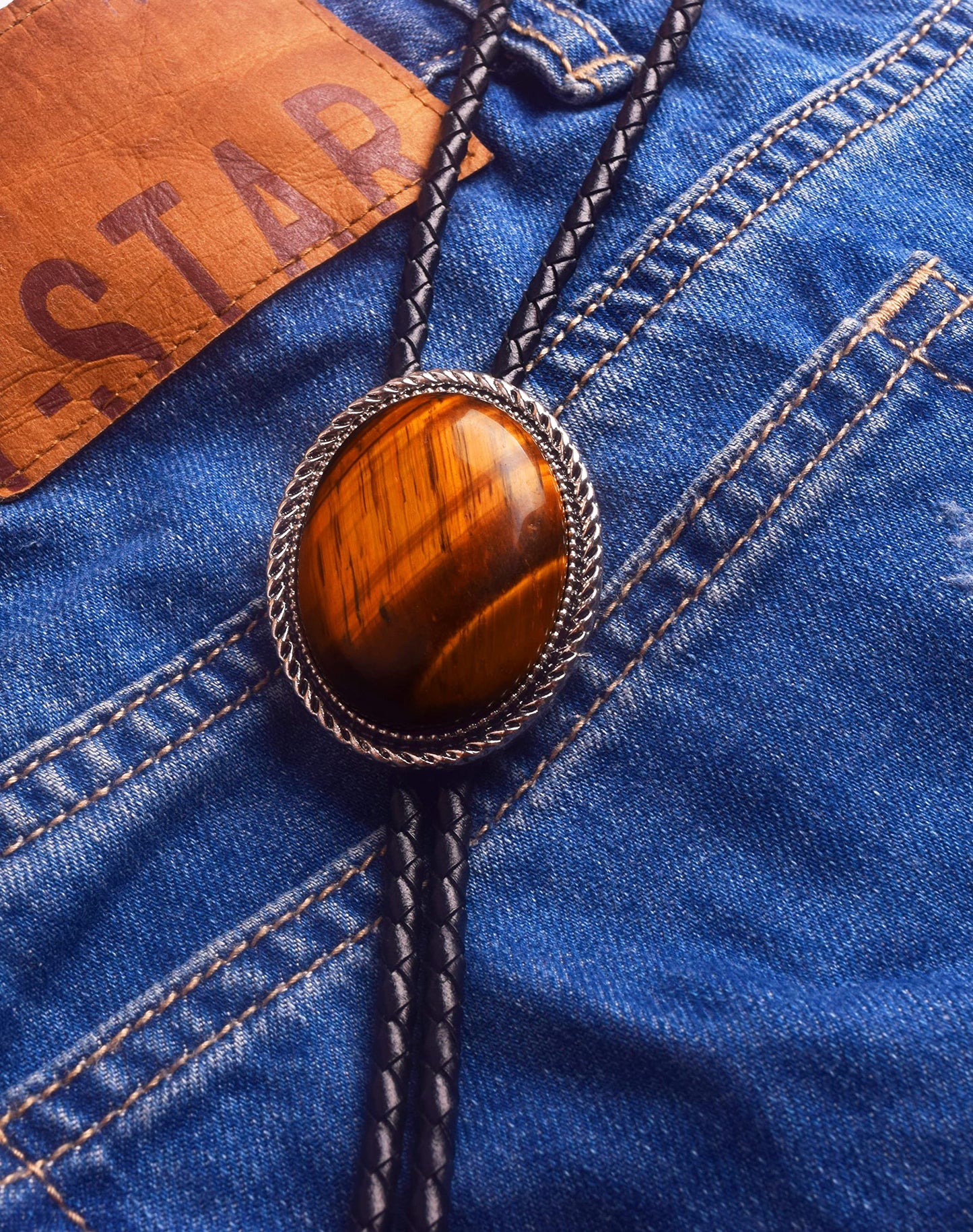 Moranse Bolo Tie with Natural Tiger Eye Stone Celtic Style Genuine and Cowhide Rope(Tiger Eyes 3 Style)