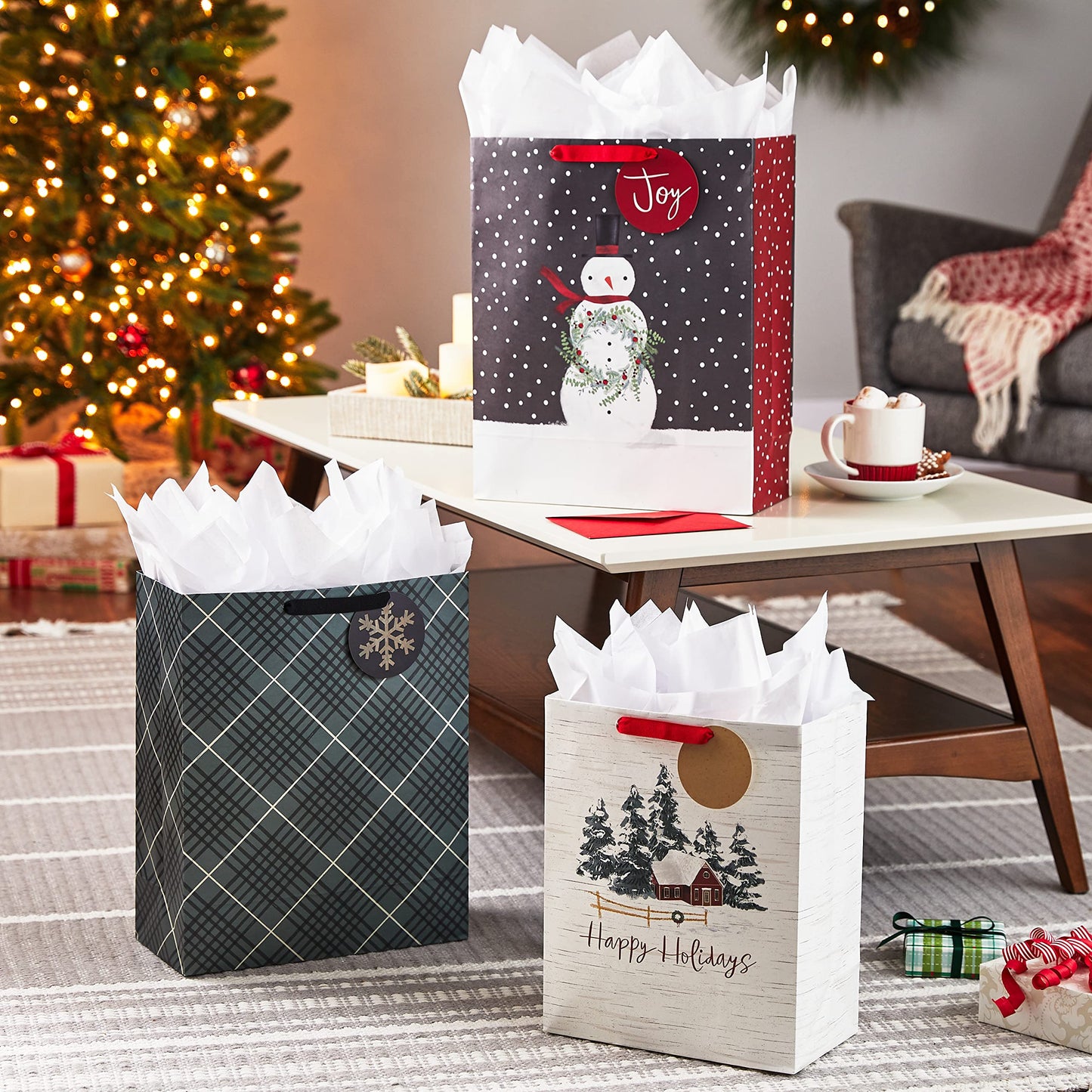 Hallmark Holiday Gift Bag Bundle with Tissue Paper and Gift Tags (3 Bags: 2 Extra Large 15", 1 Large 13") Gray Plaid, Snowy Farmhouse, Rustic Snowman