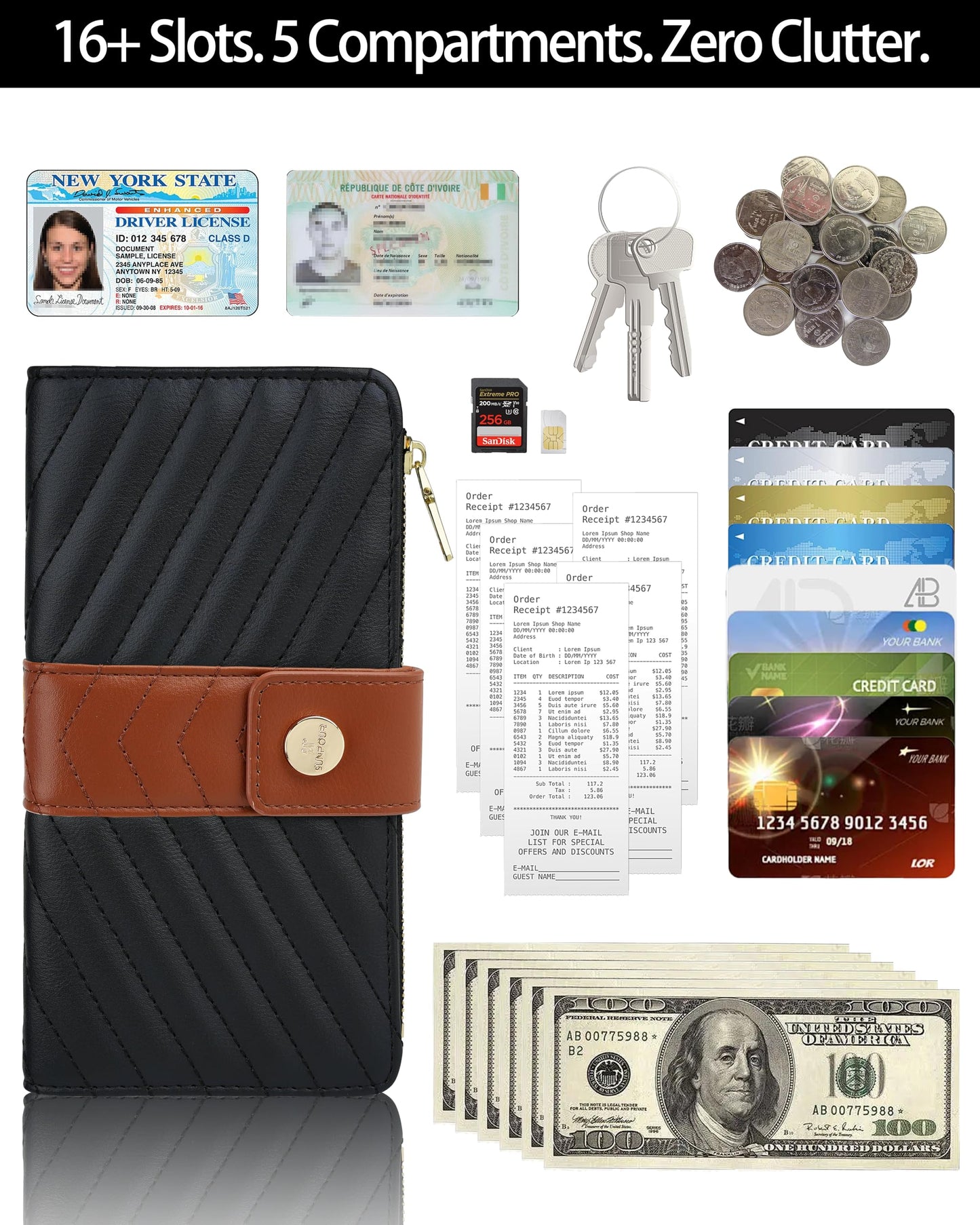 Sunpour Wallets for Women RFID Blocking Trifold Wallet, Large Capacity Leather Ladies Wallet with Credit Card Holder and Zipper Pocket
