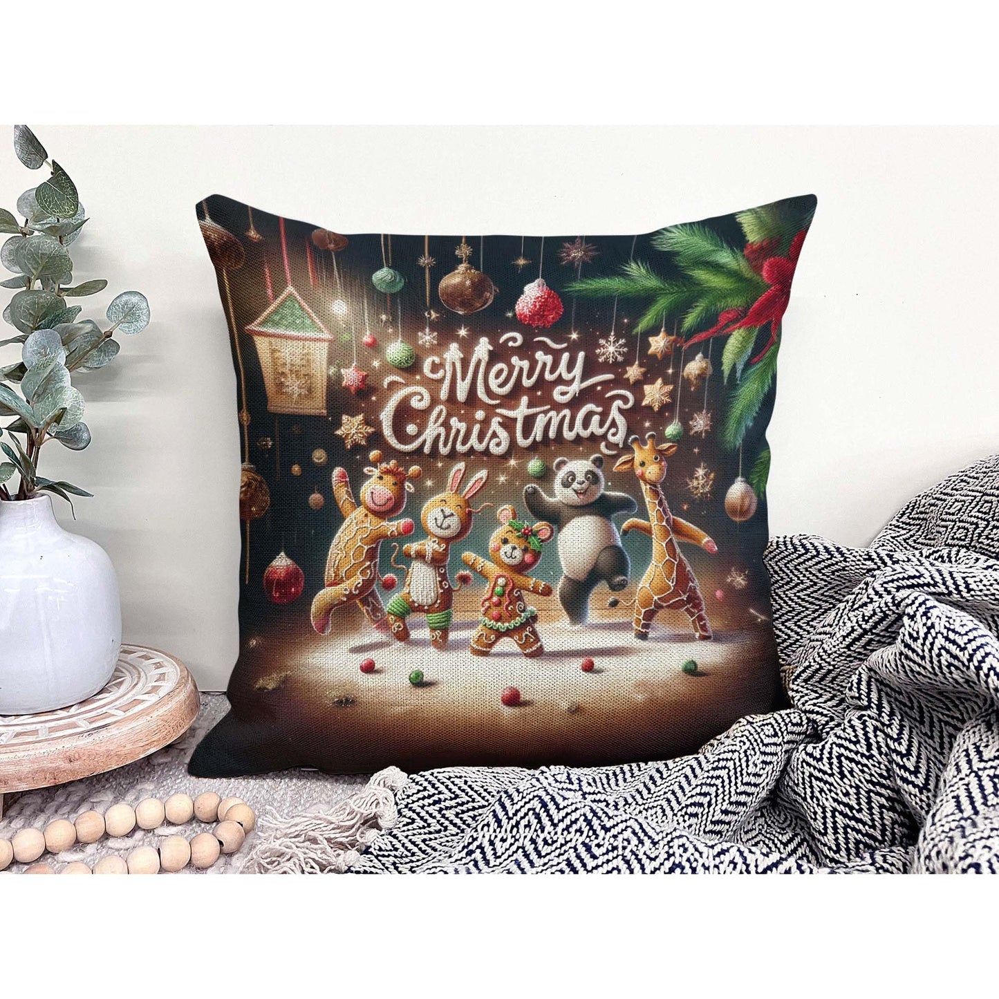 Throw Pillow Cover 20x20 Inch,Gingerbread Cow Rabbit Mouse Panda Giraffe Dancing Ornaments Pine Branches Merry Christmas Throw Pillow Case,Home Decor Cushion Covers for Sofa Living Room Couch Bed