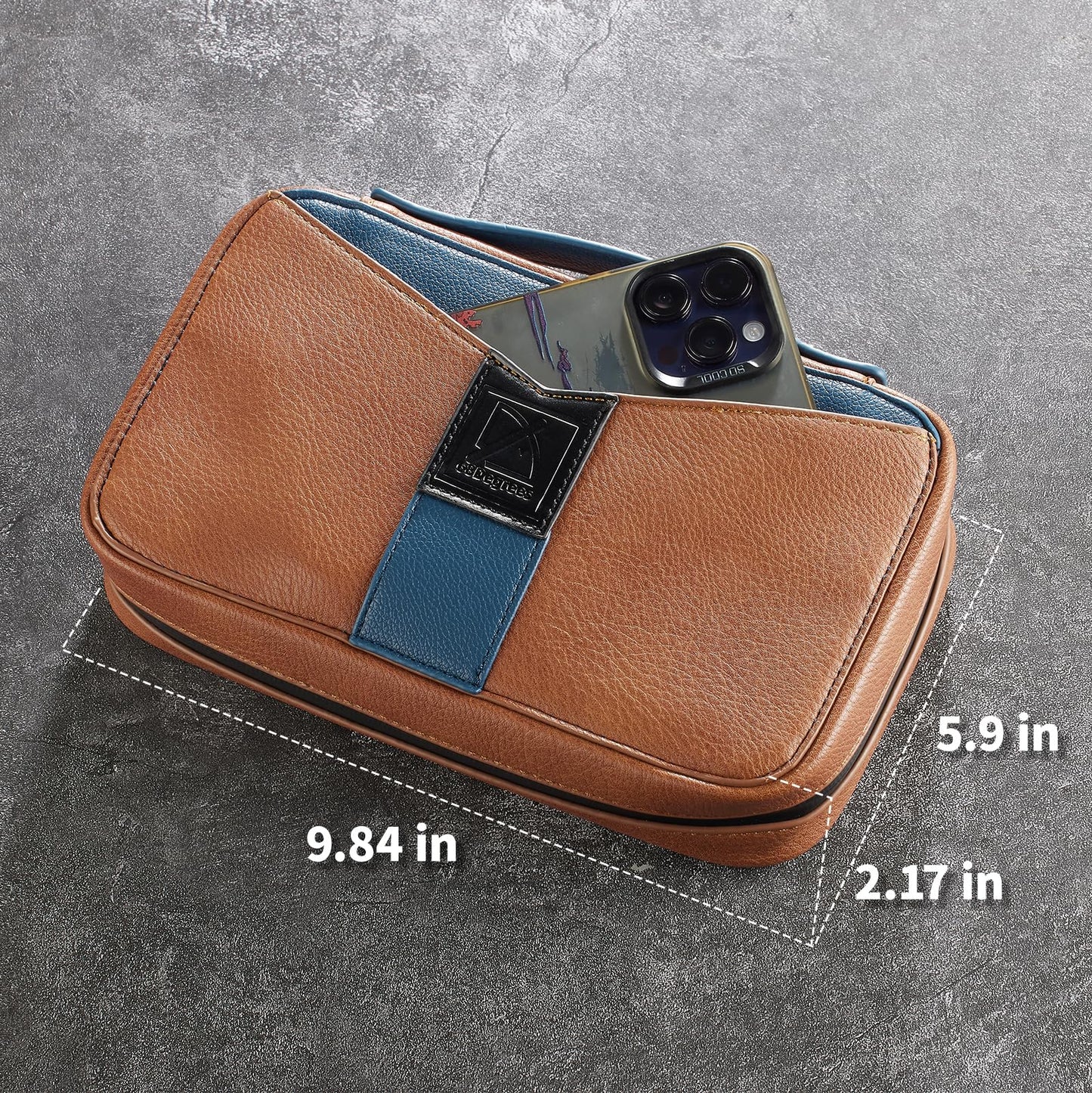 68 Degrees Travel Cigar Humidor, Handmade Leather Case with 3 Pockets, Portable Cigar Holder Fits 5 Cigars, Brown