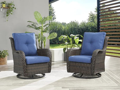 Rilyson Wicker Rocking Chair Swivel Chairs - 4 Piece Rocker Patio Chairs Set Rattan Rocking Chair for Outdoor Porch Deck Garden Backyard(Brown/Blue)