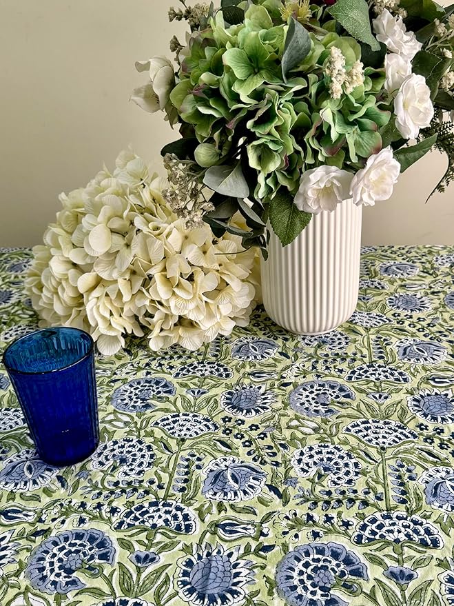 ATOSII Amara Green 100% Cotton Square Fall Tablecloth, Handblock Floral Print Linen Table Cloth for Kitchen Dining I Weddings, Outdoors, Parties, Easter I Fall Decor 60 X 60 Inches I 4 Seater