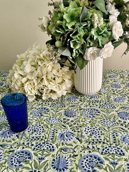 ATOSII Amara Green 100% Cotton Square Fall Tablecloth, Handblock Floral Print Linen Table Cloth for Kitchen Dining I Weddings, Outdoors, Parties, Easter I Fall Decor 60 X 60 Inches I 4 Seater