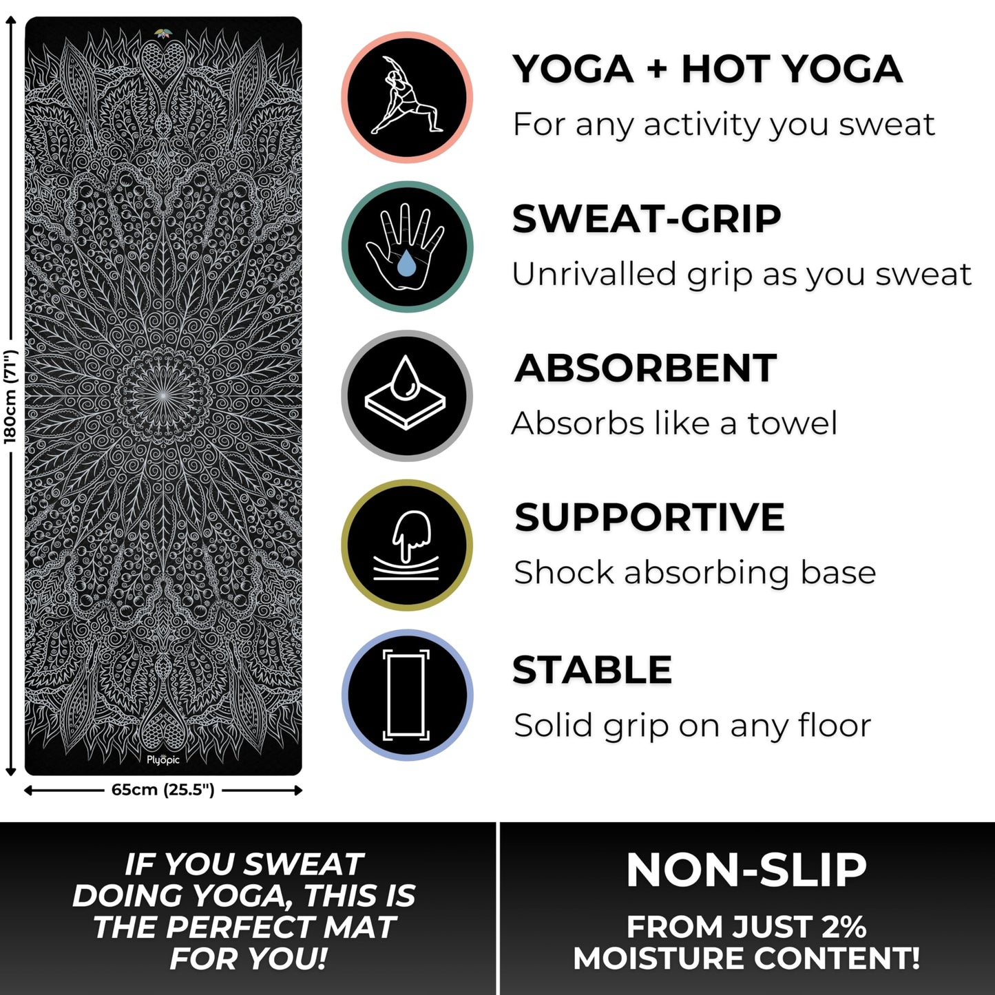 Plyopic. All In One Yoga Mat | Luxury Sweat-Grip Mat/Towel Combo | Ideal for Yoga, Hot Yoga, Bikram, Pilates, Workout & Exercise | Eco-Friendly Natural Rubber