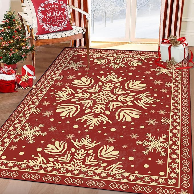2' X 3' Christmas Rug Snowflake Area Rug Indoor Washable for Kids Girls Boys Women Entryway Dorm Laundry Xmas Doormat Red Merry Christmas Indoor Floor Mat Pad Carpet