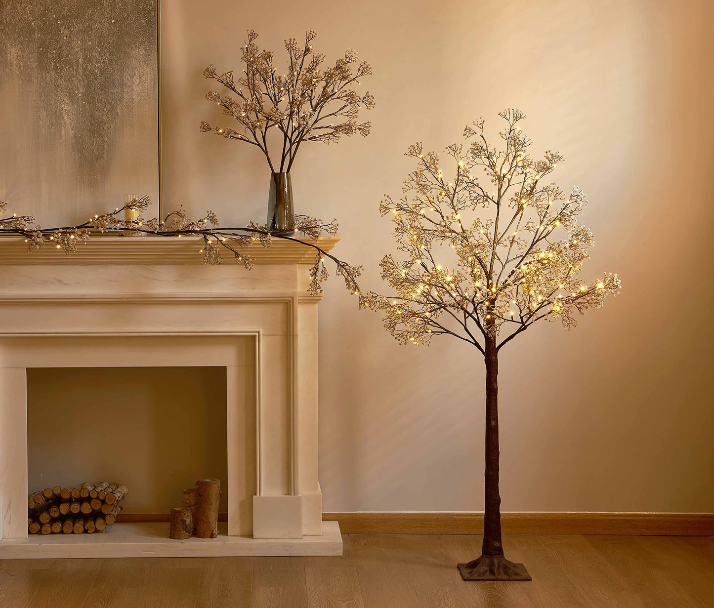 Hairui Lighted Baby Breath Flower Garland Battery Operated with Timer 48L Warm White LED 6FT, Artificial Gypsophila Vine Lights for Thanksgiving Christmas Decor Indoor Outdoor Use