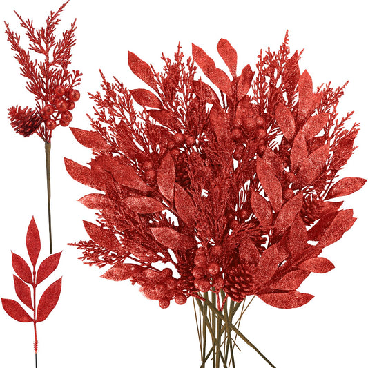 Winlyn 24 Pcs Christmas Artificial Leaf Sprays Pine Needles Pinecone Berries Stems Red Glittered Christmas Decoration Picks 12.2"- 14.2" Tall for Red Christmas Tree Wreaths Seasonal Floral Arrangement