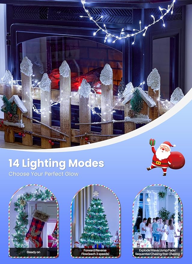 Flowing Fairy Lights Plug in with 14 Modes, 10FT 388LED Twinkle String Lights Indoor, Christmas Tree Lights Indoor Waterproof for Bedroom Christmas Home Room Decor, Cool White