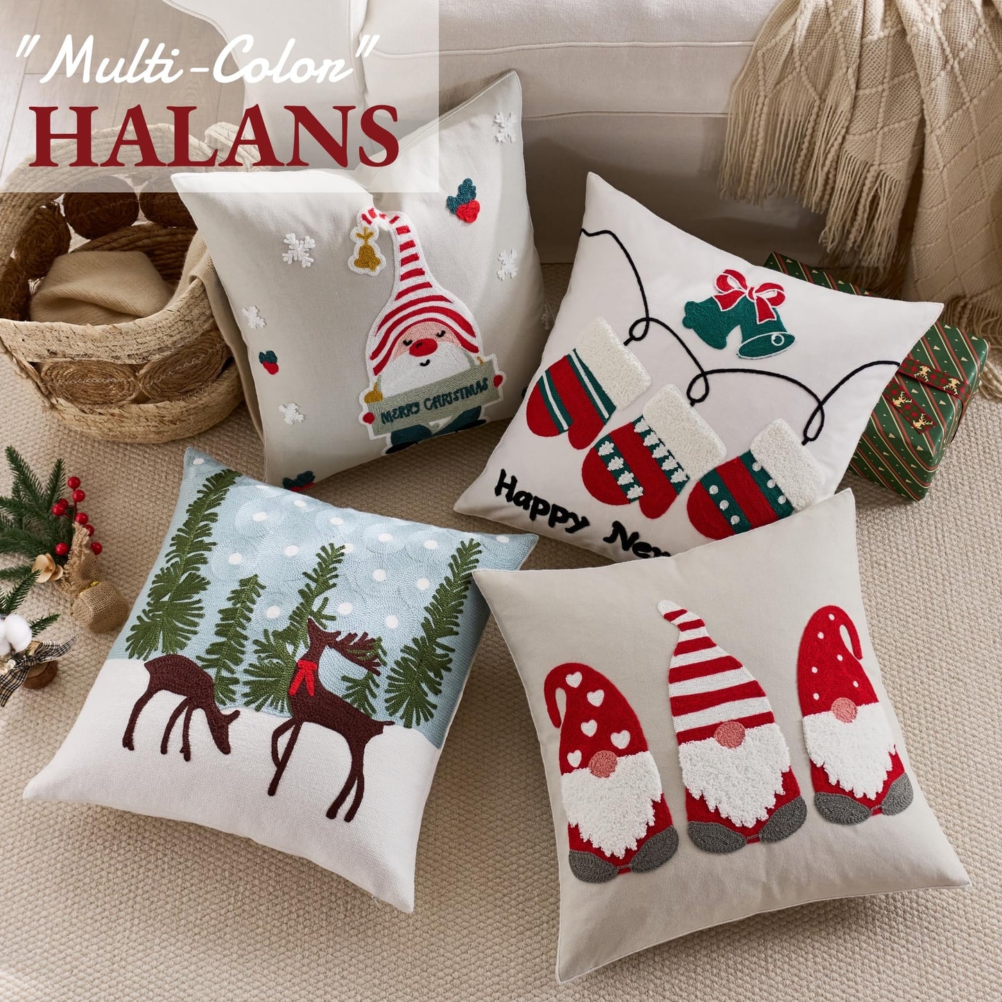 Farmhouse Christmas Pillow Covers 18x18 Set of 2, Xmas Embroidered Throw Cushion Cases with Festive Patterns for Rustic Home Holiday Decor (Gnome Trio Light Grey, 18" x 18" (Pack of 2))