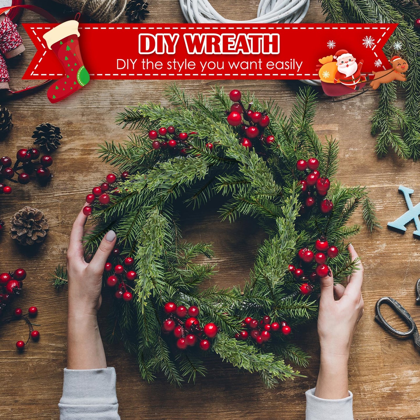 60Pcs Christmas Decorations-11.8'' Artificial Pine Branches with 7.9'' Red Berry Stems, Christmas Decor Faux Pine Greenery Stems, Christmas Tree Decorations & Christmas Picks for Indoor Outdoor