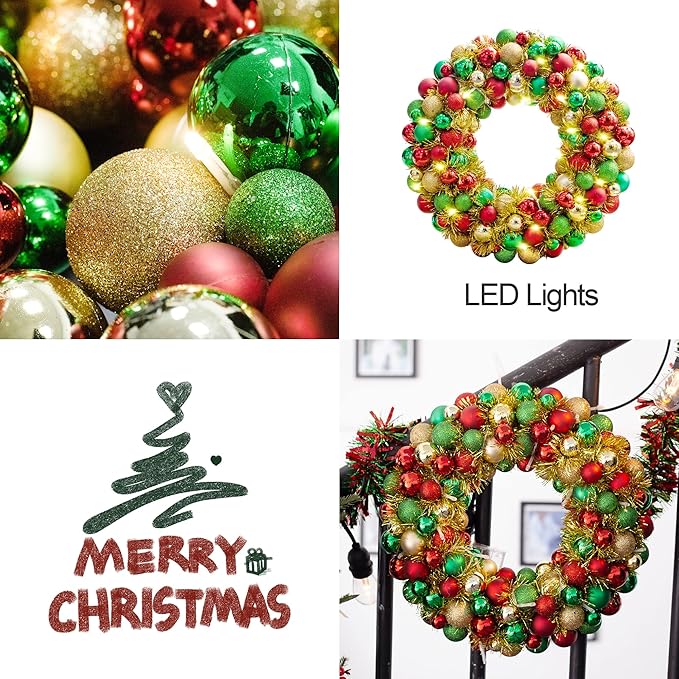 Amooca 16in Christmas Ball Wreath with LED Lights Front Door Window Decorative Hanging Ornaments Table Centerpiece Holiday Party Home Decoration Red Gold Green