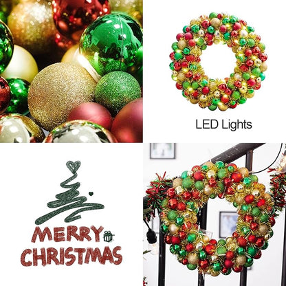 Amooca 16in Christmas Ball Wreath with LED Lights Front Door Window Decorative Hanging Ornaments Table Centerpiece Holiday Party Home Decoration Red Gold Green