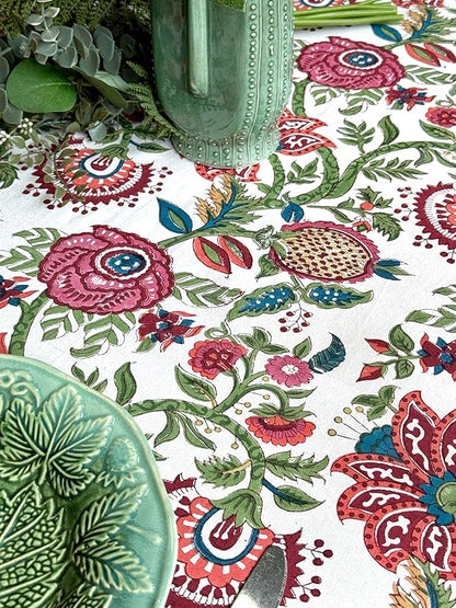 ATOSII Ruby 100% Cotton Rectangle Summer Tablecloth, Block Print Floral Table Cloth for Dining Table, Parties, Weddings, Outdoors Grand Millenial Decor I 60 X 90 Inches I 6 Seater I
