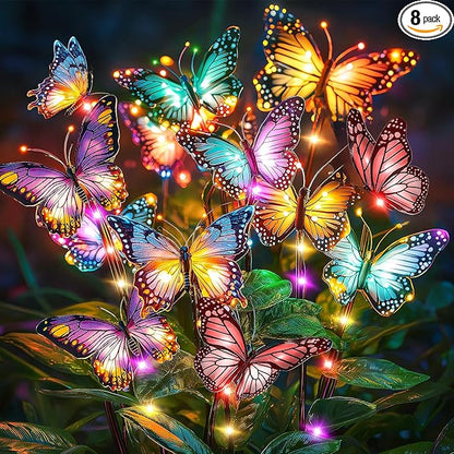 Solar Lights Outdoor Garden Decor: Gardening Gifts for Women Mom - 8 Pack 136 Butterfly Solar Lights with Colorful Bulbs - Outside Waterproof Christmas Decorations for Yard Patio Pathway Porch Lawn
