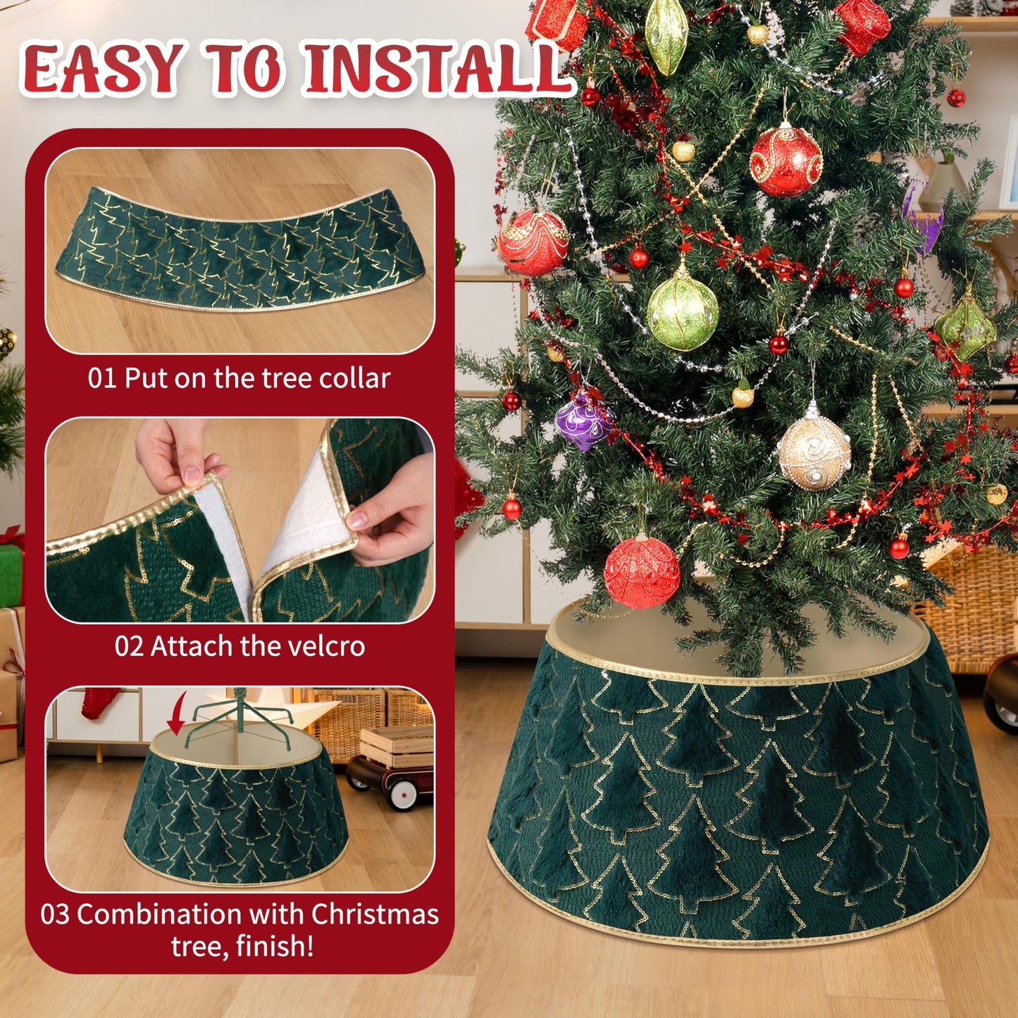 Faux Plush Christmas Tree Collar,Rustic Farmhouse Tree Skirt Ring with Xmas Tree Textured Pattern for Holiday Christmas Indoor Home Decor（Green）