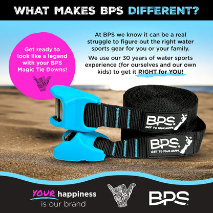 BPS ‘Magic’ Tie Down Straps for Roof Rack - ‘No Scratch’ 15 feet Tie Downs 2-Pack Surfboard Straps Silicone Buckle Cover with Storage Bag Made from Recycled Plastics – SUP Kayak Canoe Paddle Board