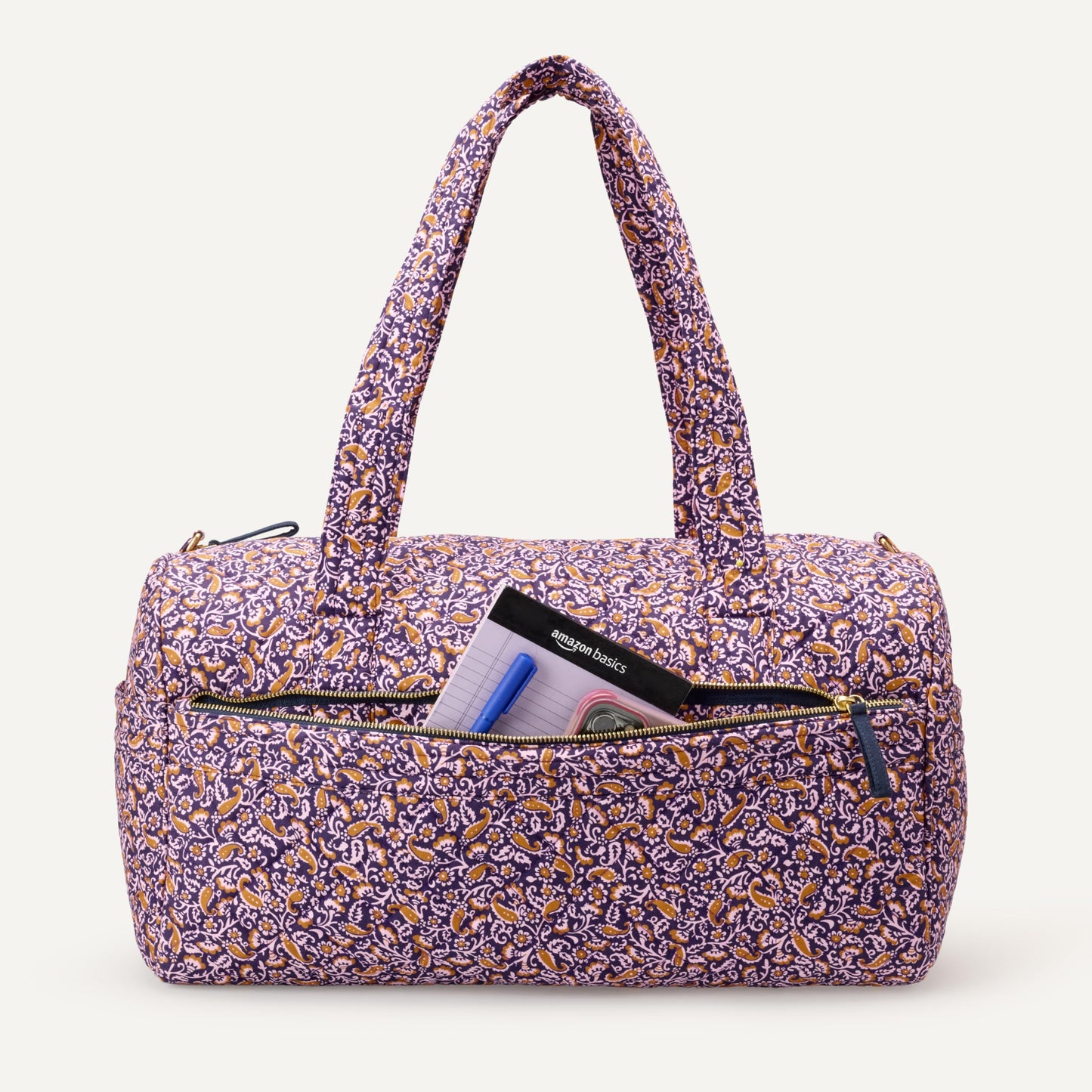 Amazon Essentials Women's Quilted Weekender Duffel Gym Bag with Trolley Sleeve, Navy Paisley, One Size