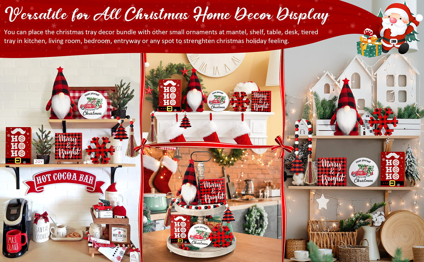 Christmas Tiered Tray Decor 6 PCS Xmas Decorations for Home - Xmas Table Decor Wooden Signs & Buffalo Plaid Gnome Plush Set - Farmhouse Christmas Tray Decoration Kitchen Table Mantel
