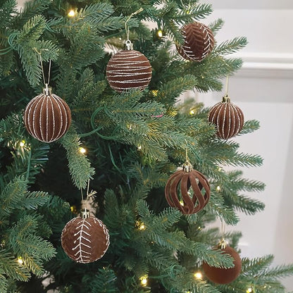 4inch Velvet Ornaments for Christmas Tree, 9PCS Glitter Flocked Christmas Ornaments Decorations Balls Set Decor Brown