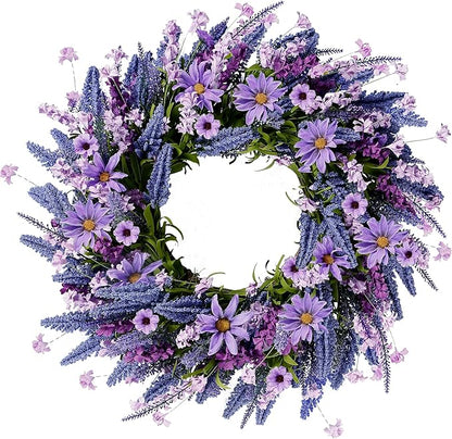 Sggvecsy Lavender Wreath for Front Door 22 Inch - Purple Daisy Spring Summer Artificial Wild Flower Greenery Leaves for All Seasons - Farmhouse Home Wall Indoor Outdoor Window Decor