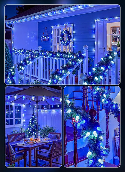 C9 Christmas Outdoor Lights, 72 FT 110 LED C9 String Lights, 8 Modes & Timer Extendable Waterproof for Christmas Tree Indoor Outdoor Roofline Patio Outside Garden Backyard Xmas Decor, Blue White