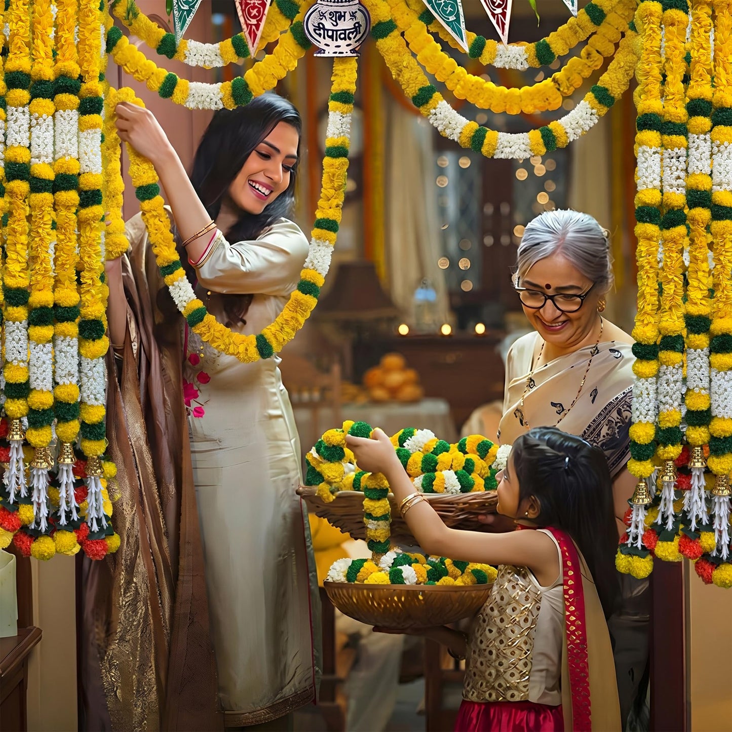 DIYANA IMPEX 4 Pc Artificial Marigold Garland with Bells, 5 Ft Long Hanging Flower Strings for Diwali Decorations, Indian Wedding, Party, Home Decor, Ganpati Hanging Decor & Mantle Decor (Yellow)