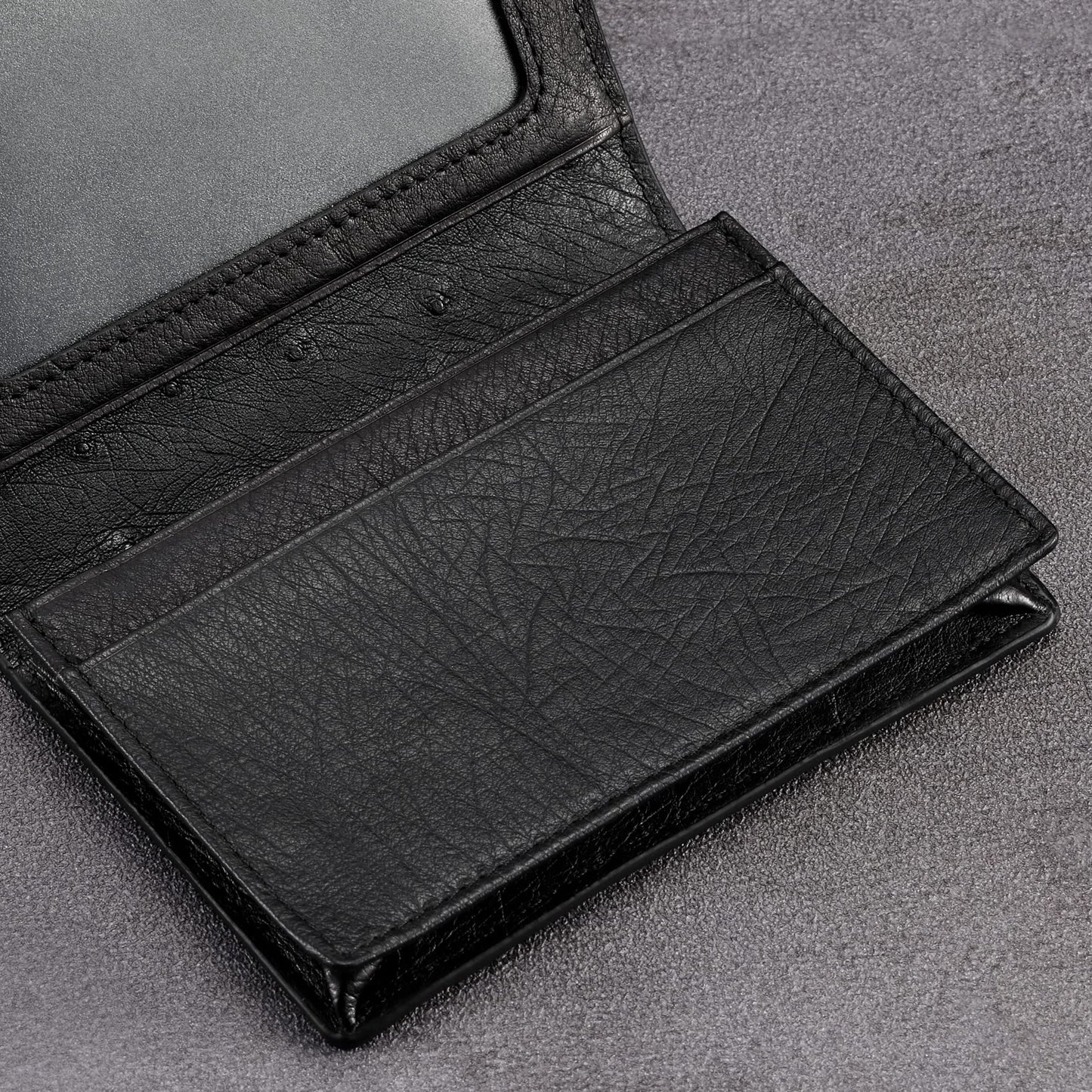 HISCOW Leather Business Card Case Holder for Men & Women, Italian Calfskin (Ostrich Black)