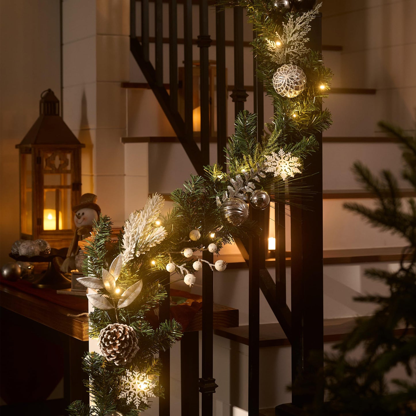 Valery Madelyn 9 Feet Pre-Lit Christmas Garland with Lights for Mantle, Lighted Outdoor Xmas Garland with Silvery White Ball Pinecones for Home Stairs Fireplace Table Centerpiece Indoor Holiday Decor