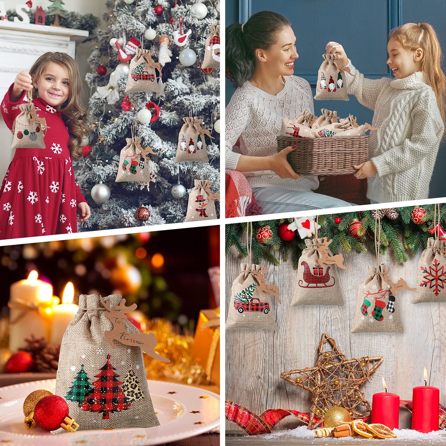 Shappy 24 Pcs Christmas Burlap Gift Bags, Small Treat Goody Bags with Drawstrings for Christmas, Featuring 12 Designs for Xmas and New Year Party Favors and Supplies(Rustic Style,7 x 5 Inch)