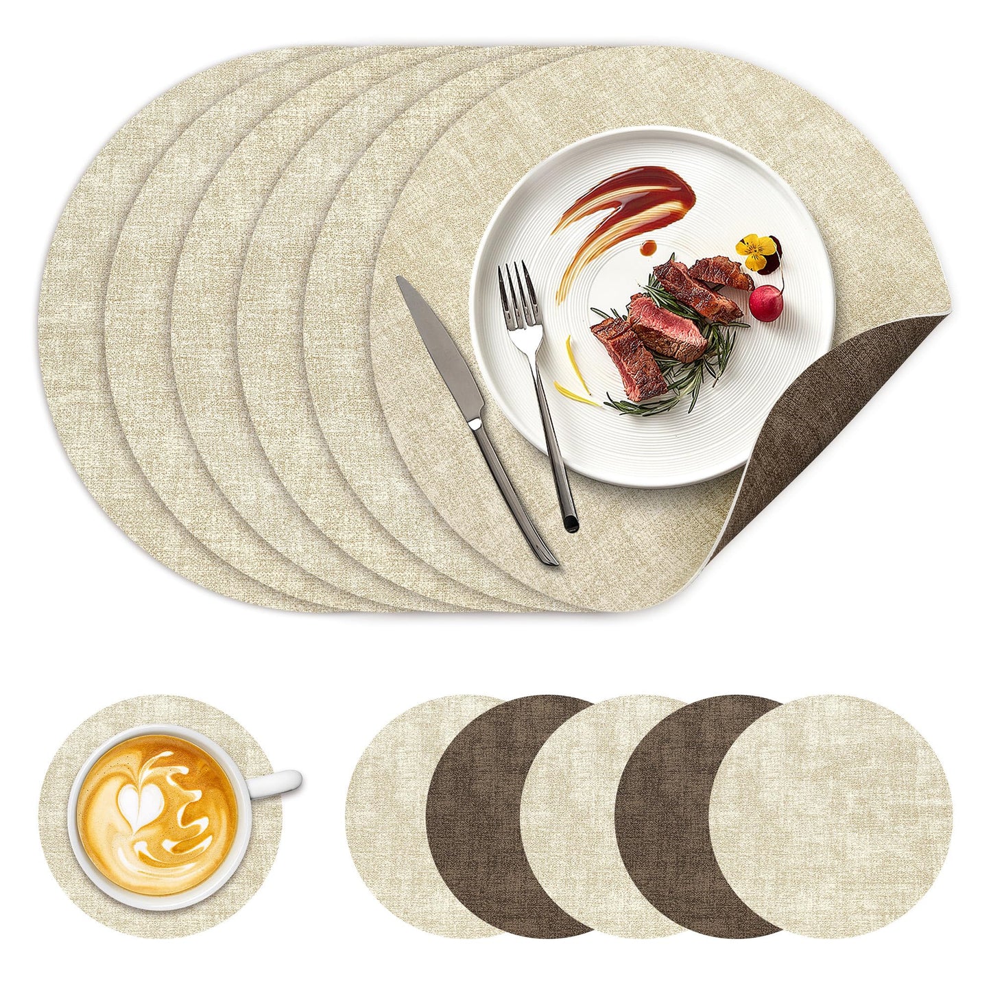 13" Round Placemats Set of 6, NCUE Dual-Sided Faux Leather Heat Resistant Table Mats, Waterproof Oilproof Washable Protective Table Placemats with Coaster, Wipeable Vinyl for Indoor & Outdoor Use