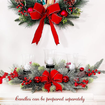 MOONET Red Christmas Table Centerpiece, Cedar with 3 Candlestick Glass Cup, Red Berry, Christmas Balls for Holiday Party, Home, Fireplace