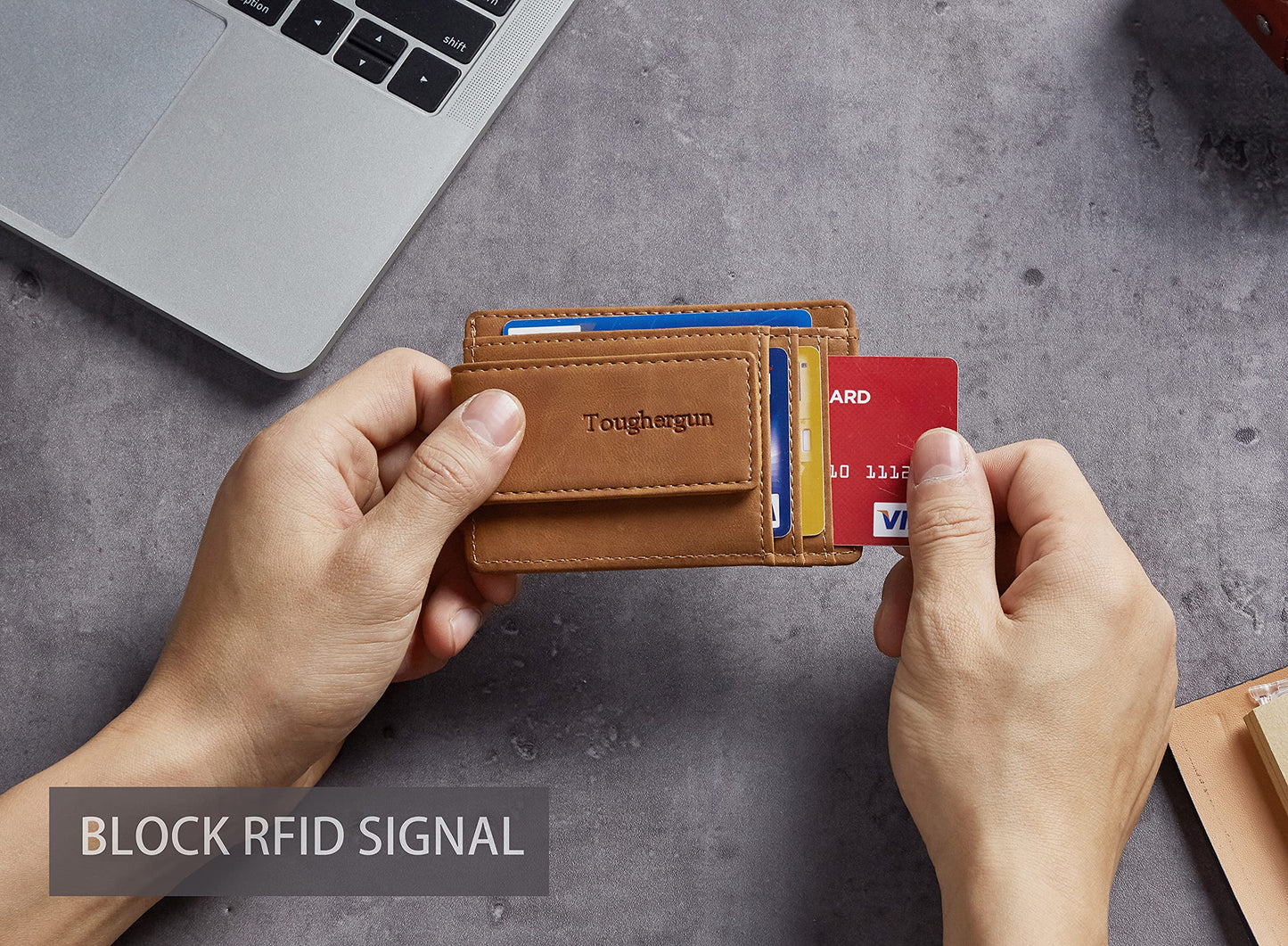 Toughergun Slim Wallet for Men RFID Blocking Money Clip, Minimalist Front Pocket Credit Card Holder, Magnetic Thin Mens Wallets with ID Window(Deep Brown)