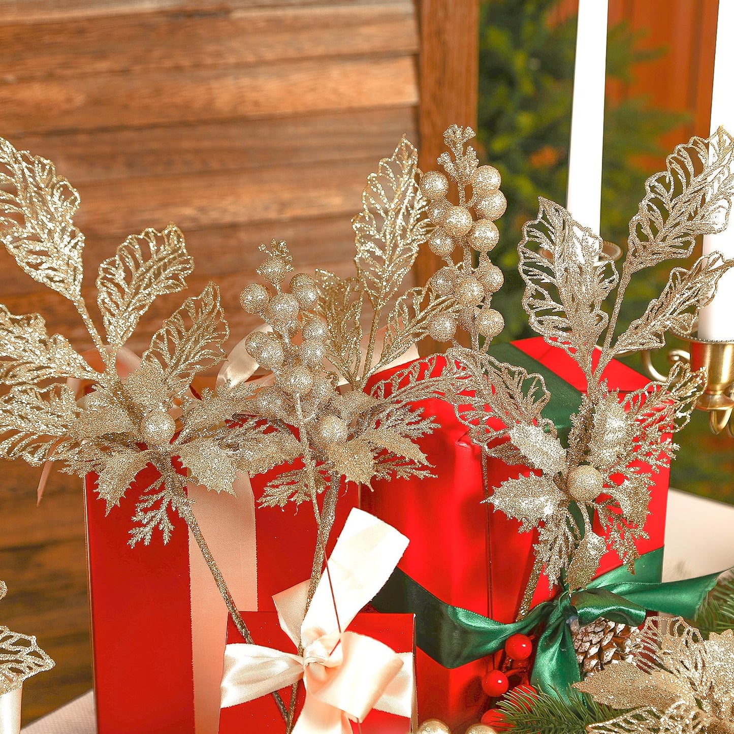 Alupssuc 24 PCS Christmas Tree Decorations, 12 PCS Poinsettia Flowers Artificial+6 PCS Glitter Holly Berry Stems+6 Berry Leaves Christmas Tree Picks for Party Wreath Fireplace, Champagne Gold