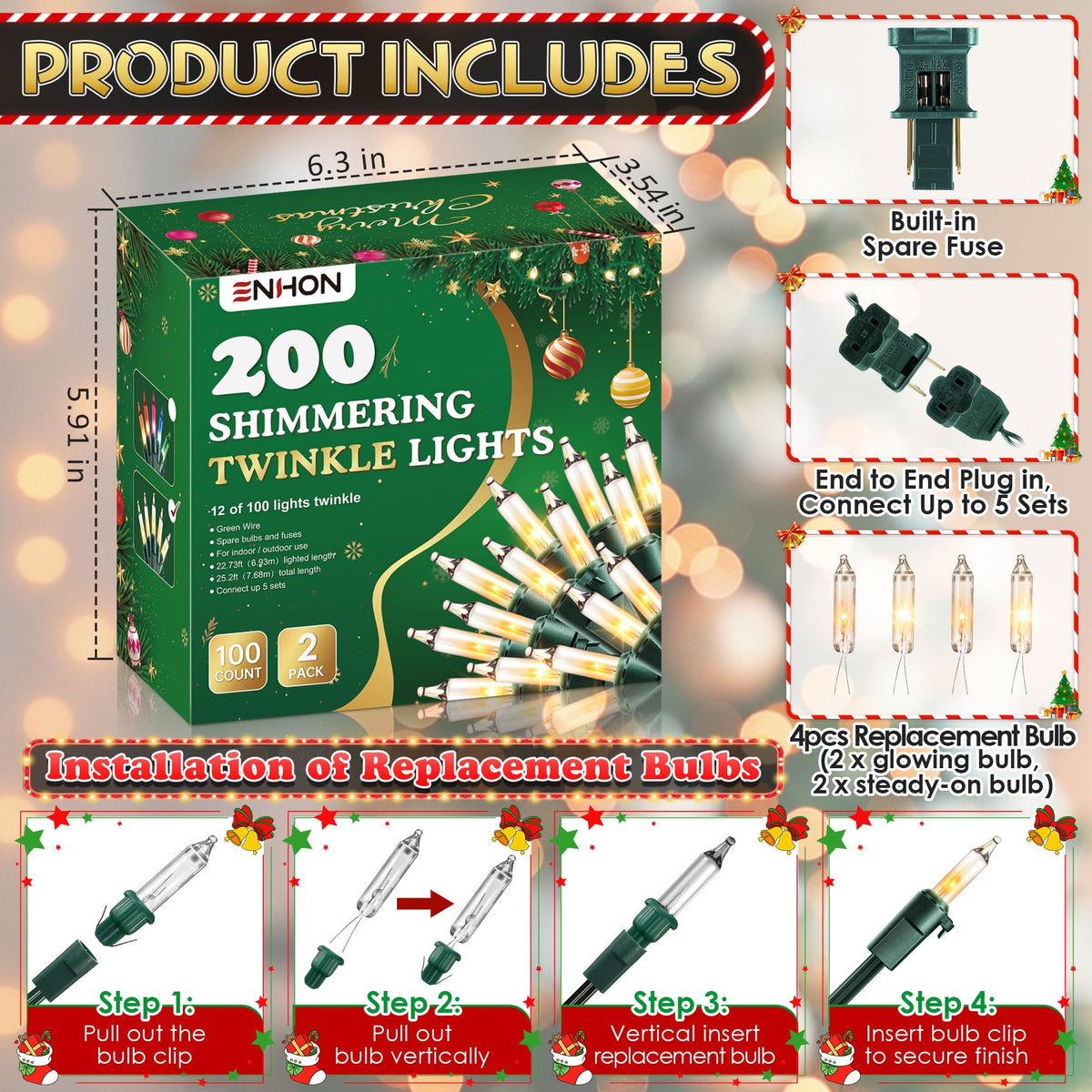 Enhon Twinkle Christmas Lights, 50.4 FT, 24 Random Twinkle Bulbs, IP44 Waterproof, White, Model LCH7-100L/2F