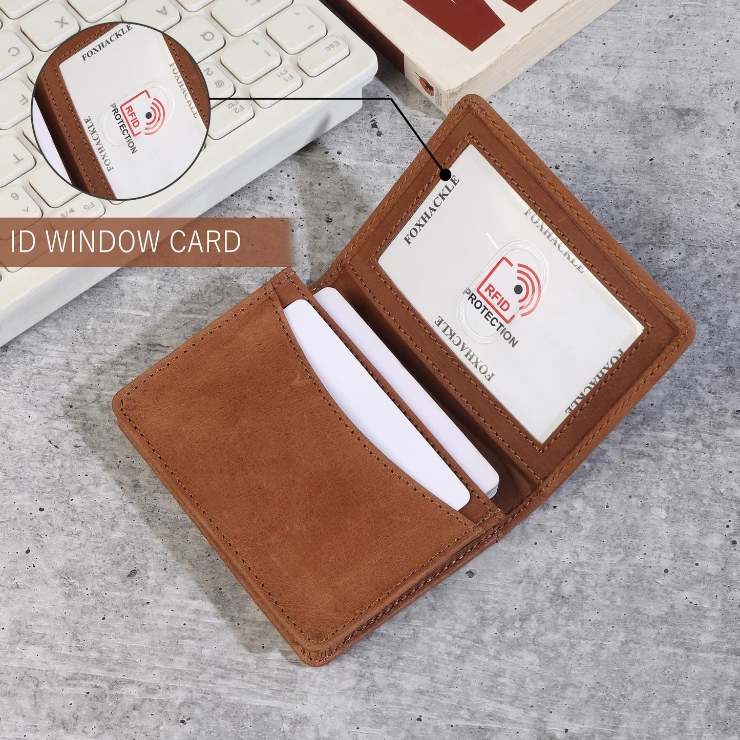 FOXHACKLE Full Grain Leather Credit Card Holder For Men and Women, Small RFID Blocking Bifold Wallet (With ID Slot, Hunter Tan)