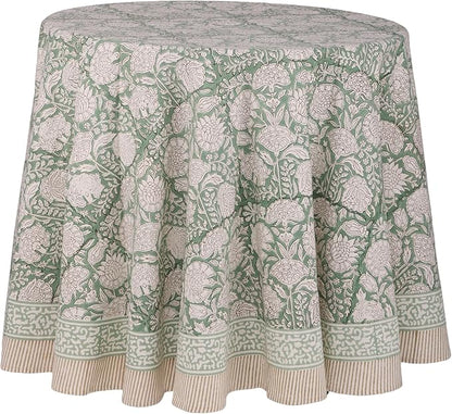 ATOSII Jade 100% Cotton Boho Round Tablecloth, Block Print Floral Table Cloth Linen for Dining, Parties, Weddings, Outdoors I Table Decor I 60" Inches Round