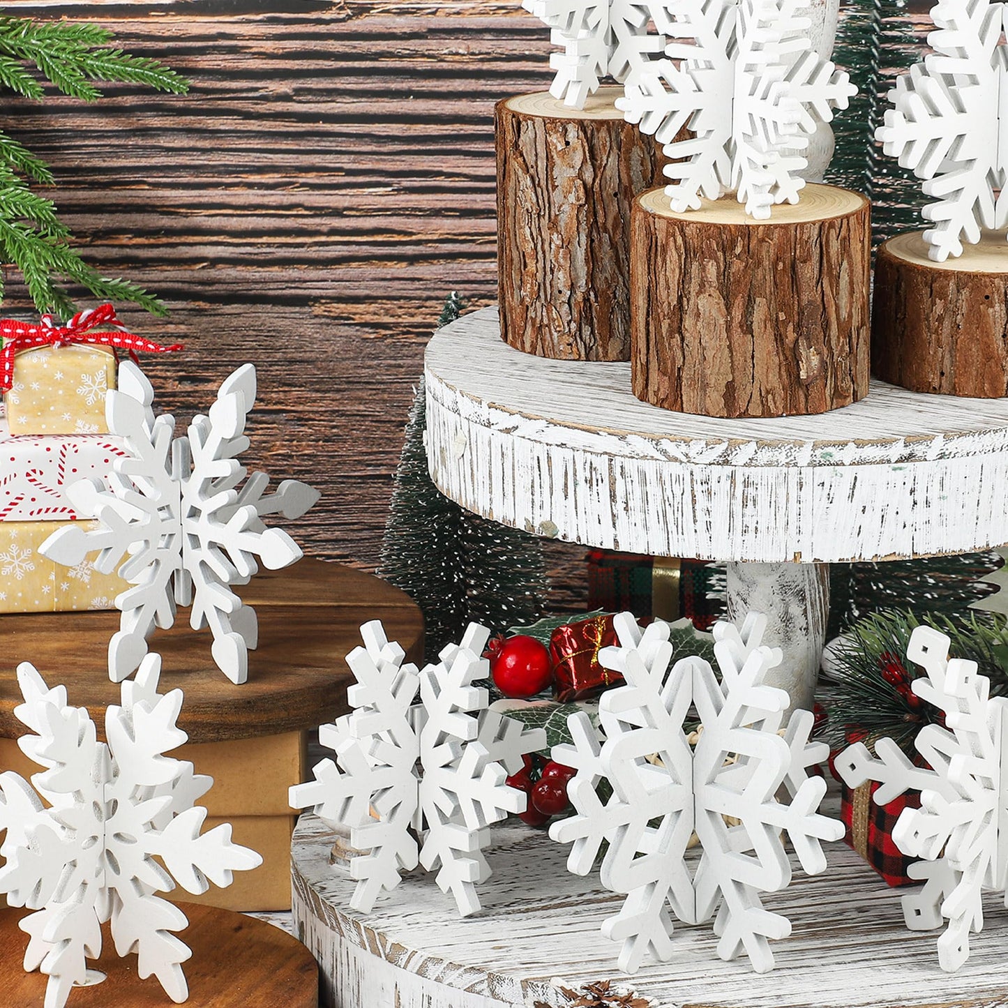 16 Pcs Christmas Wooden Decor Winter 3D Snowflake Tabletop Sign Tiered Tray Decorations White Snowflake Wood Blocks Centerpiece for Xmas Wonderland Party Home Table Decor