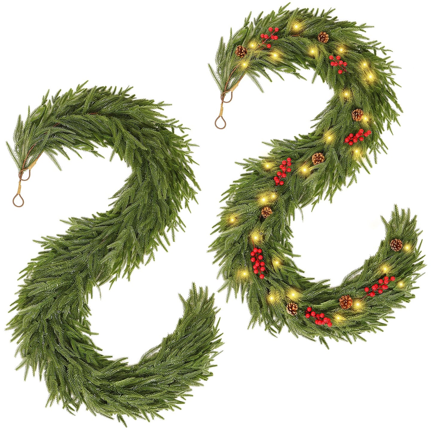2 PCS 6FT Artificial Norfolk Pine Garlands - Real Touch Winter Pine Garland, Green Artificial Greenery Garland for Mantle, Table, Wall, Indoor & Outdoor Fireplace Christmas Decorations