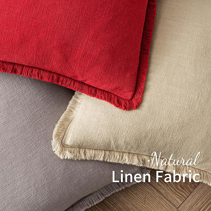 MIULEE Christmas Decorative Lumbar Throw Pillow Covers Neutral Linen Fringe Throw Pillows Set of 2 Red Boho Farmhouse Cushion Covers with Tassels for Couch Sofa Bed Living Room Home Decor 12x20 Inch