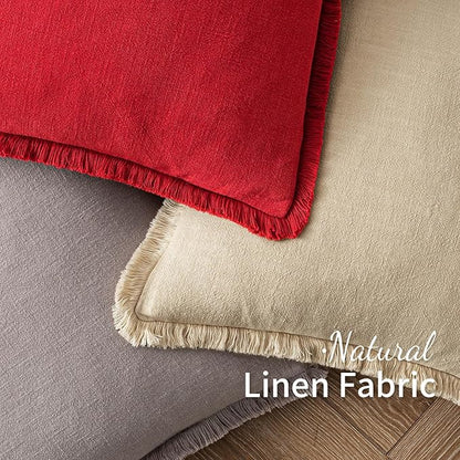 MIULEE Christmas Decorative Lumbar Throw Pillow Covers Neutral Linen Fringe Throw Pillows Set of 2 Red Boho Farmhouse Cushion Covers with Tassels for Couch Sofa Bed Living Room Home Decor 12x20 Inch