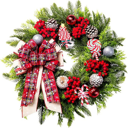 Christmas Wreaths for Front Door, 20 Inch Lighted Artificial Christmas Door Wreath with Candy Lollipops Ball Bow, Holiday Decorations for Home Decor