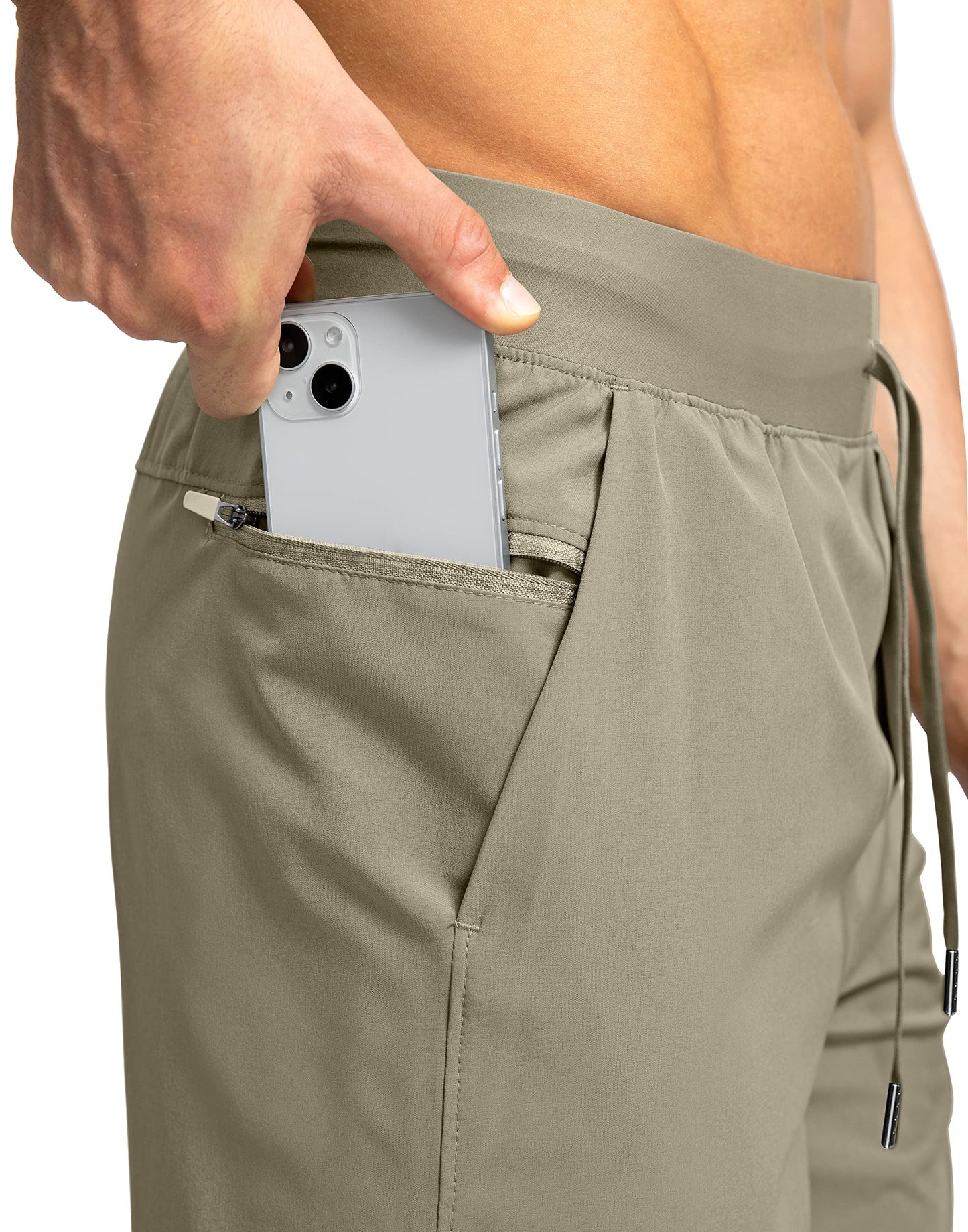 Soothfeel Men's Running Shorts with Zipper Pockets 7 Inch Lightweight Quick Dry Gym Athletic Workout Shorts for Men (Dusty Khaki, 3XL)